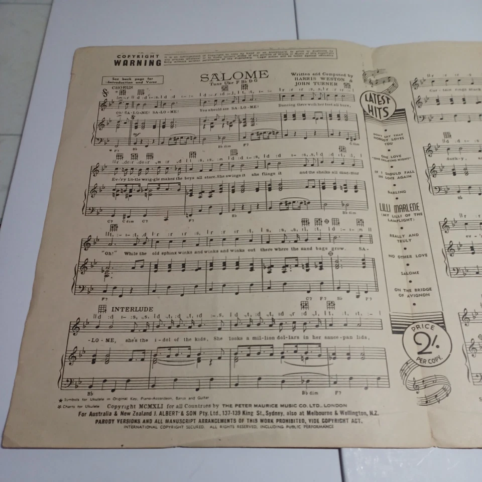 SALOME BY HARRIS WESTON AND JOHN TURNER VINTAGE SHEET MUSIC B66 - Image 2 of 4