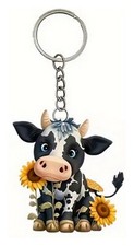 COW Acrylic Key Chain Ring with Sunflowers - Very cute Animal