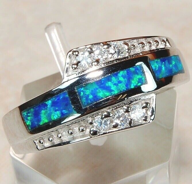 Australian Opal Inlay & Topaz 925 Solid Sterling Silver Ring Jewelry Sz 8
