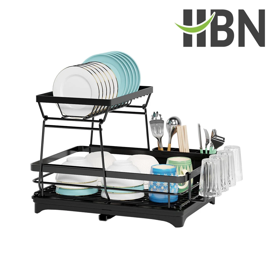 Rack de secagem de louça, racks de louça de 2 camadas para balcão de cozinha, rack de louça com tábua de drenagem - Imagem 2 de 4