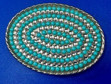 Rhinestone Covered Oval Spiral Turquoise Collared Ball Pattern Belt Buckle