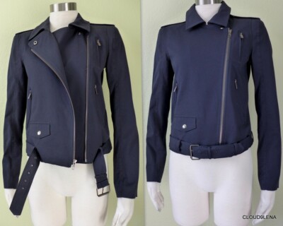 NWT THEORY $415 Cotton Blend ELECTRA Motorcycle Jacket Size P/(XS) in SPACE blue