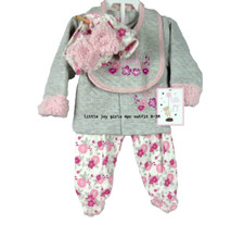 Image of Little Joy Girls 4pc Spring Outfit Cap Bib Jacket Footed Pants Hello World 0-3M