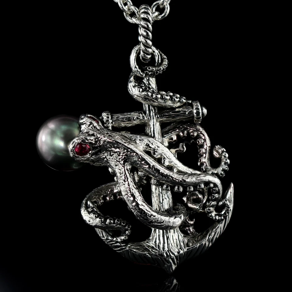 Pulpo Negro Mar del Sur Perla Grande, Collar Pulpo, Ancla Pulpo Colgante Foto 2 de 4