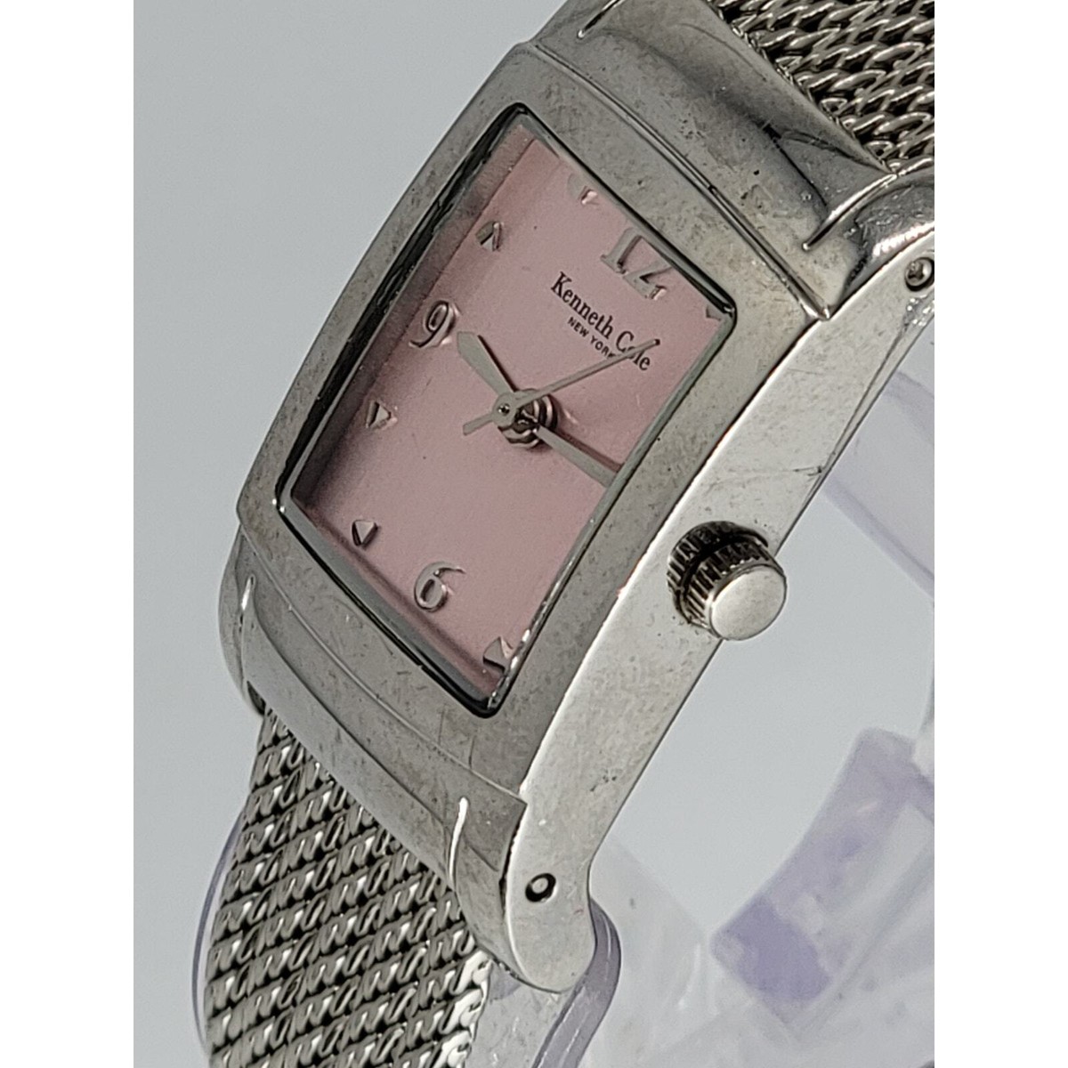 Kenneth Cole Watch Women Silver Tone Tank Pink Dial Mesh 