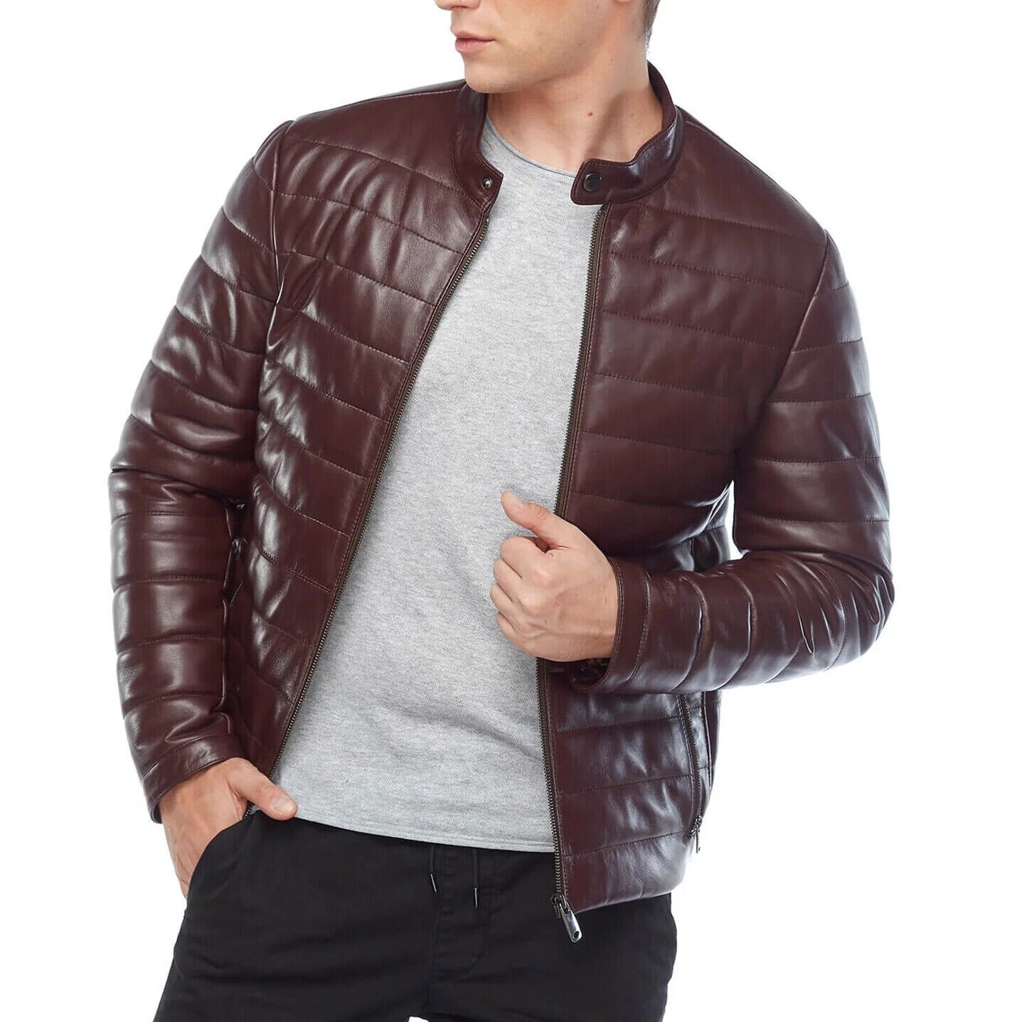 Jacket Leather Biker Motorcycle Mens Coat Vintage Bomber Lambskin Slim Burgundy-image