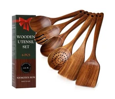 Wooden Spoons for Cooking - 6 Pcs Teak Wood Cookware Utensil Set wi... Fast Ship