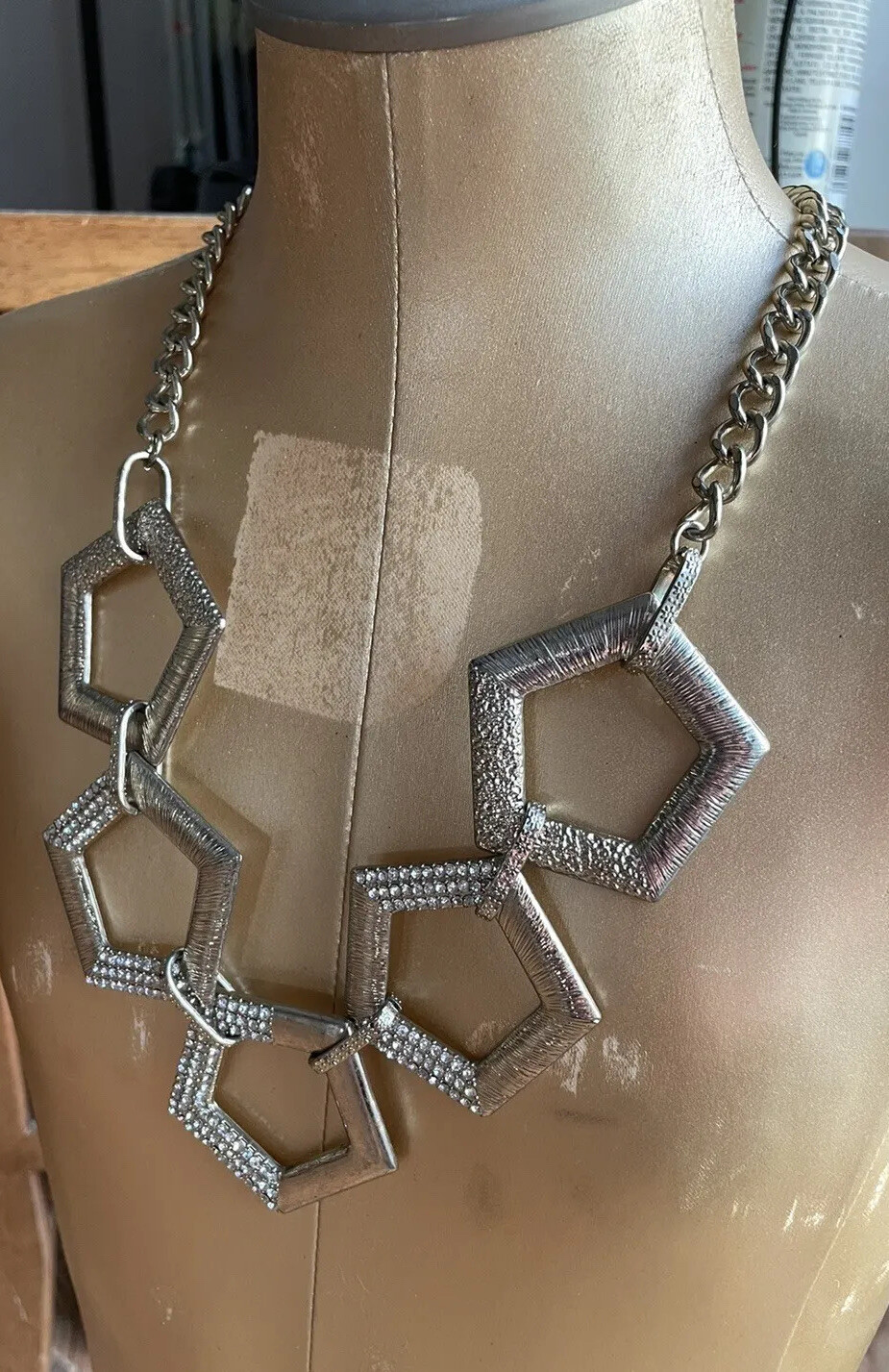 Silver Tone Pentagon Geometric Statement Necklace… - image 2