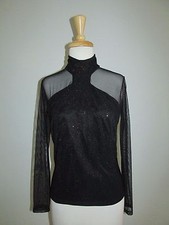 Kay Celine Size 8 Black Beaded Mesh Evening Mock Neck Long Sleeve Top 