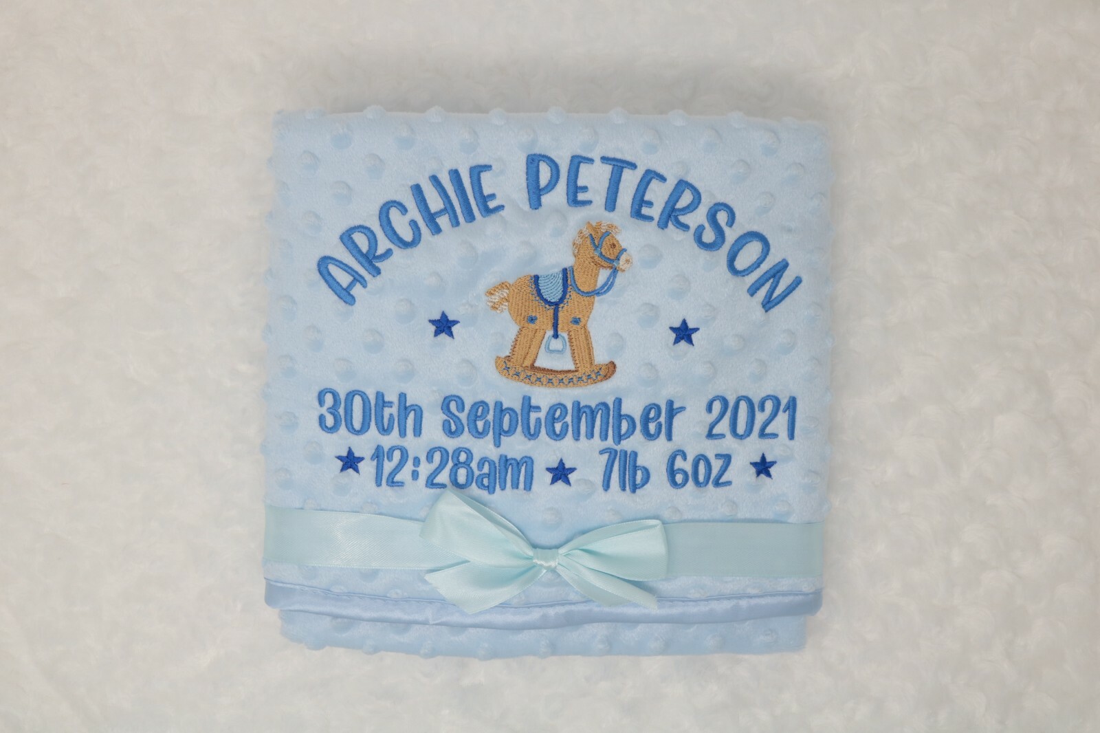 Personalised Rocking Horse Baby Blanket embroidered dimple fleece boy