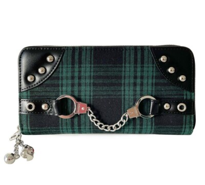 Lost Queen Tartan Plaid Handcuff Charm Studded Punk Clutch Wallet WBN1427-GRN