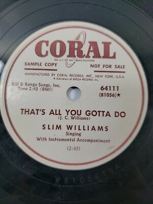 Slim Williams 78 Half Way To Heaven / That's All You Gotta Do Promo Coral V+/V+