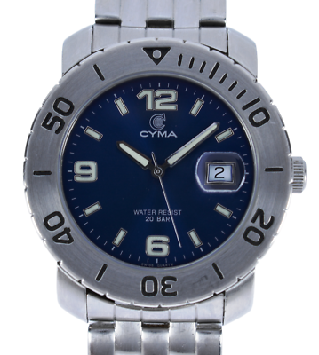 Men's 39mm CYMA Blue Dial Divers Watch 200M Stainless Steel Swiss