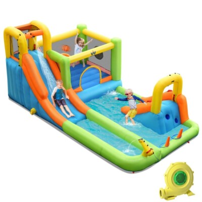 8-in-1Outdoor Kids Inflatable Bounce House Water Slide Splash Pool w/735W Blower