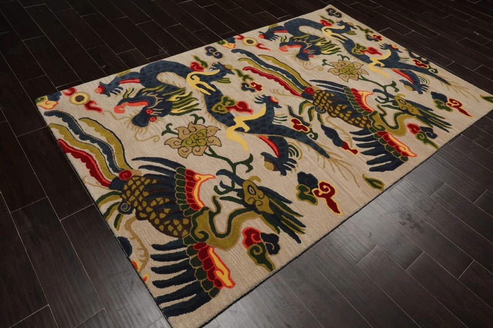 Multi Size Hand Tufted Red Dragon & Phoenix Chinese Art Deco Wool Area Rug - Image 4 of 4