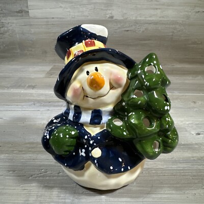 Young's Snowman Tea Light Holder Ceramic Vintage Happy Christmas Tree