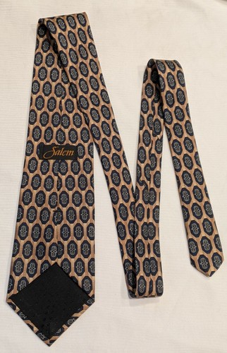 VINTAGE Salem Geometric Neck Tie Necktie Gold Navy Blue White USA Polyester - Picture 3 of 9