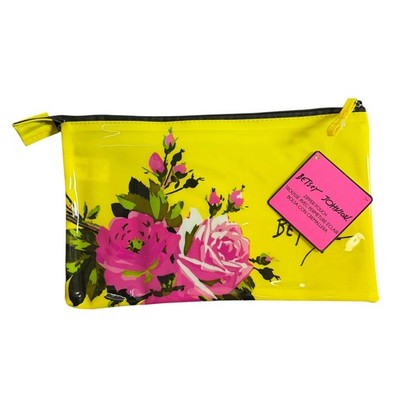 Betsey Johnson Neon Yellow Floral Zipper Pouch Makeup Bag Rose Graphic