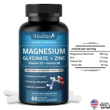 Magnesium Glycinate 500Mg with Vitamin D B6 Zinc Bone Heart Muscle Nerve Health