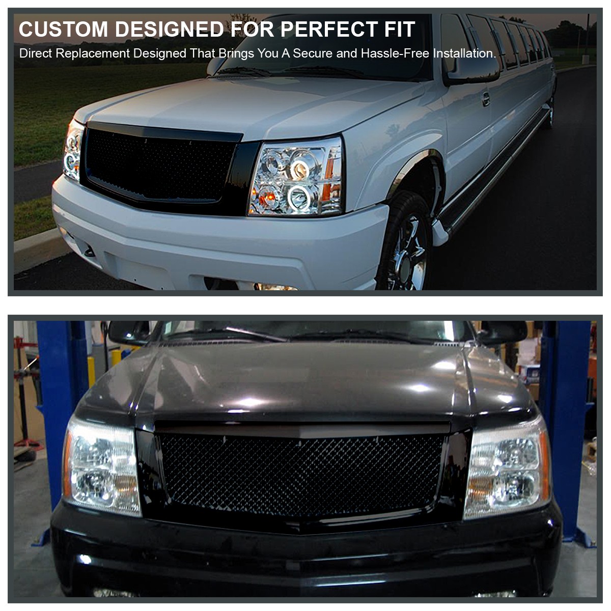 Fits 2002-2006 Cadillac Escalade Glossy Black Mesh Front Hood