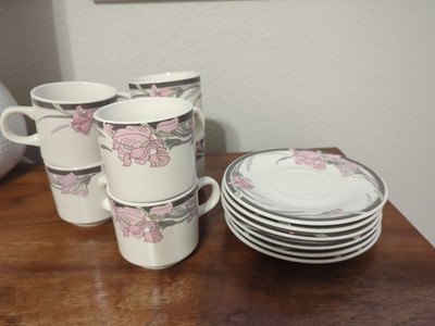 Set Of 6 Coffee Cups And Saucers Kuh-Lun Made In China Pink Flower Grey Trim