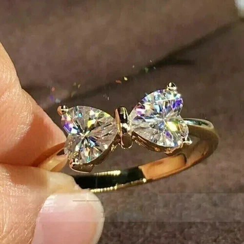 2 Ct Heart Cut Simulated Diamond 2 Stone Bow Wedding Ring 14K Yellow Gold Plated