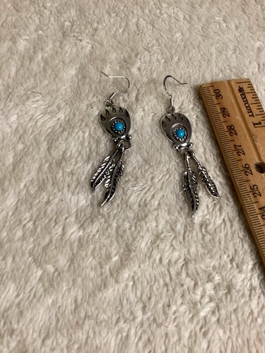 VTG Running Bear Native 925 Sterling Silver BearPaw ,Feather Turquoise Earrings - Picture 2 of 14