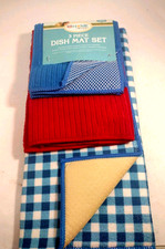 3 Piece Dish Drying Mat Set 20x15 Classic Check Plaid, Mat, Towel, Dishcloth