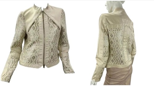 Tom Ford, Giacca biker Tom Ford 2004 vintage per Gucci gabardine nude e pelle oro nuova con etichetta