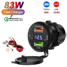 USB Car Charger Dual QC 3.0 PD Port With Voltmeter Outlet Socket for 12/24V