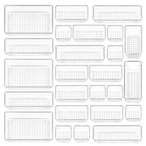 25 PCS Clear Plastic Drawer Organizers Set, 4-Size Versatile Bathroom and Van...