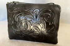 PATRICIA NASH Cassini Black Pebble Leather Floral Tooled Wristlet Clutch Bag
