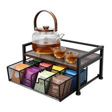 Tea Bag Organizer, Wooden Tea Storage Box with Metal Drawer, 8-Compartment Tea B