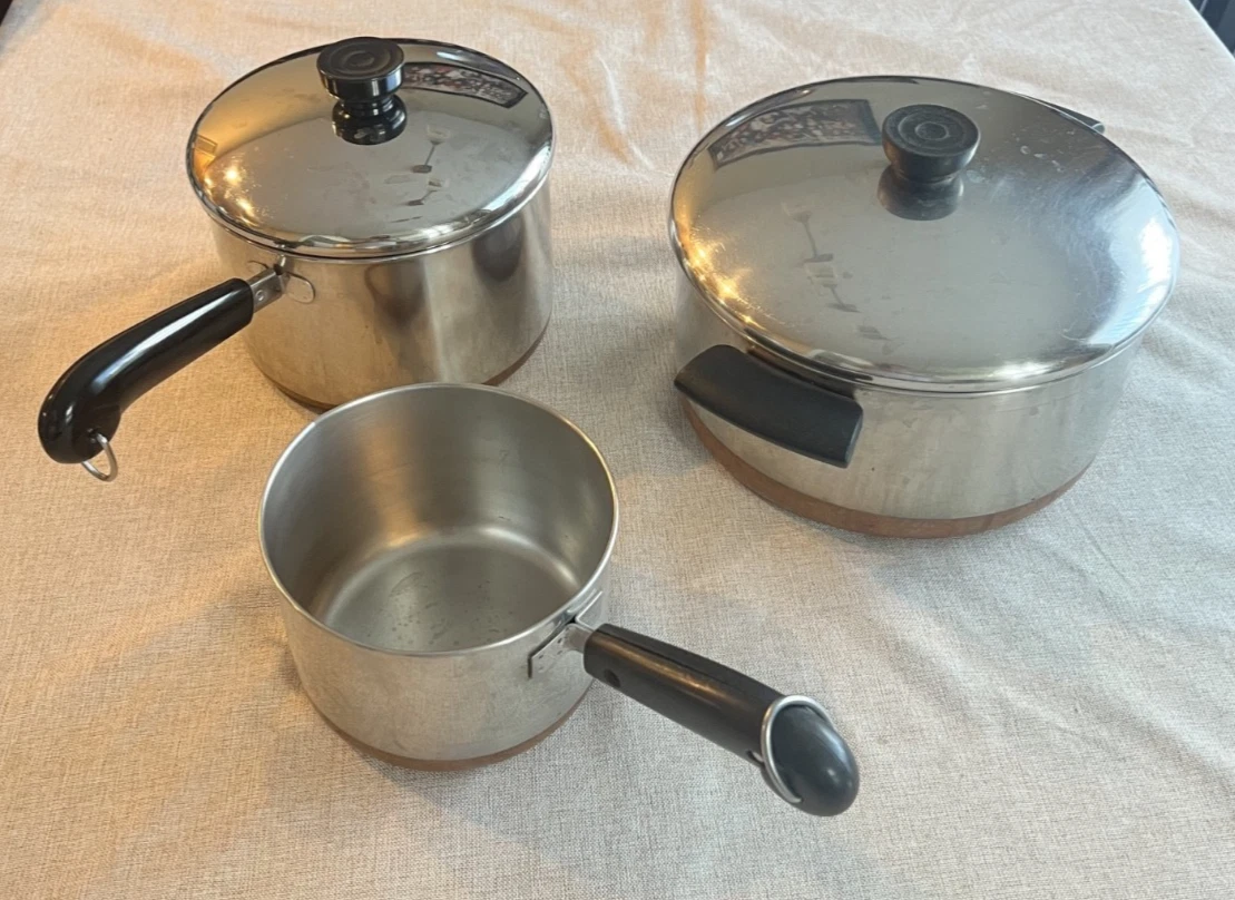 Vintage 3 piece Revere Ware Copper Clad 3 Pots plus 2 Lids
