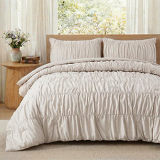 Bedbay Beige Ruched Duvet Cover King Size,100 Cotton Boho Bedding Set,Soft Brea