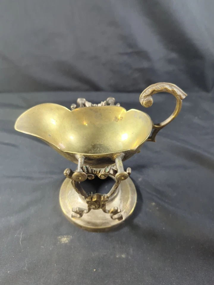 Vintage Gold Rustic Worn gravy boat with Swivel warming stand ( No Cup) Unique - Image 2 of 4