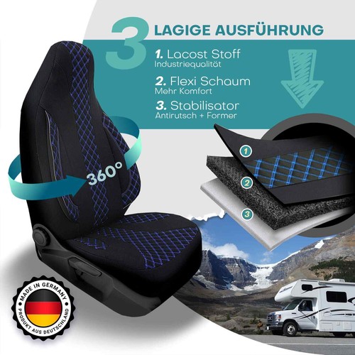 Fundas de asiento de autocaravana piloto adecuadas para Fiat Ducato (negro-azul) - Imagen 2 de 11