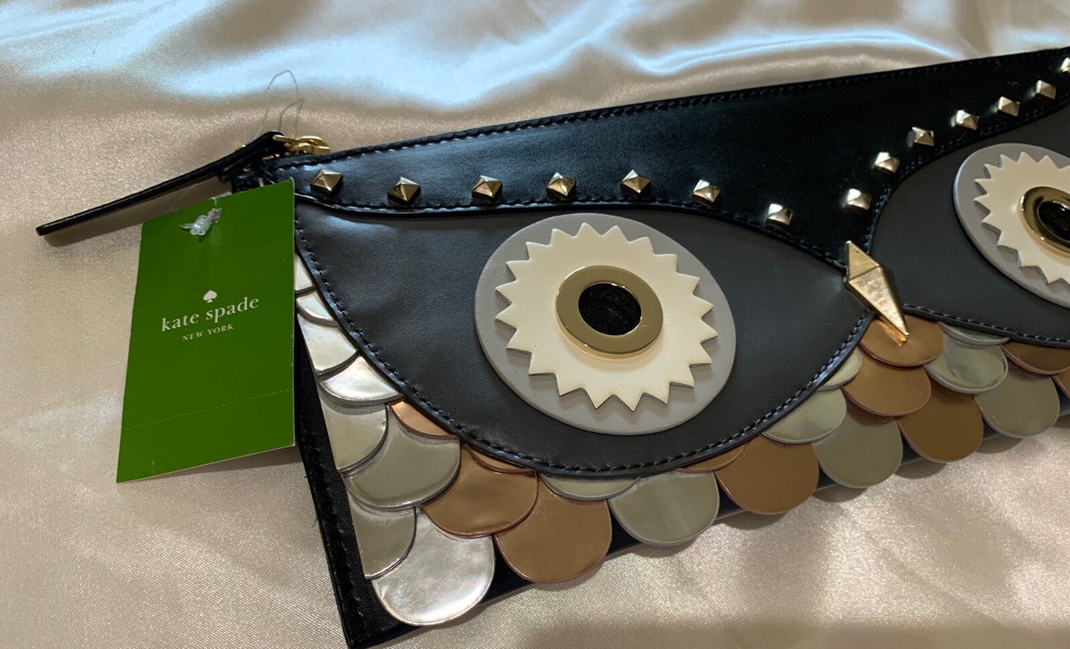 EUC Kate Spade New York\'s 2014 Wise Owl Collection. The set features a pom- NEW RARE 2014 WISE OWL NOVELTY BLACK/MULTI/STUDS CLUTCH  main image 2