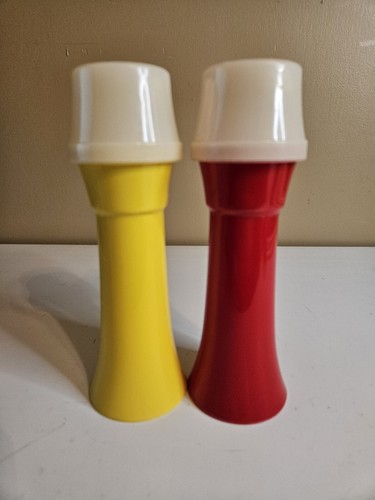 Vintage Tupperware Senf und Ketchup gelb und rot Pumpspender mit Deckel
