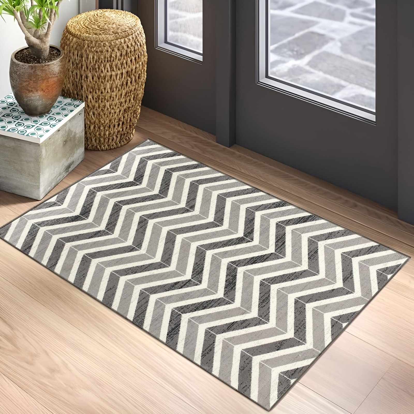 Modern Geometric Wave Grey Beige Indoor Doormat for Living Room or Bedroom
