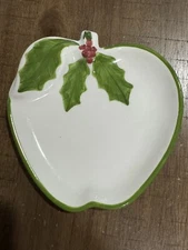 Vtg LA Pottery Laurie Gates Christmas Holly Berry Apple Shaped Dish USA Made EUC