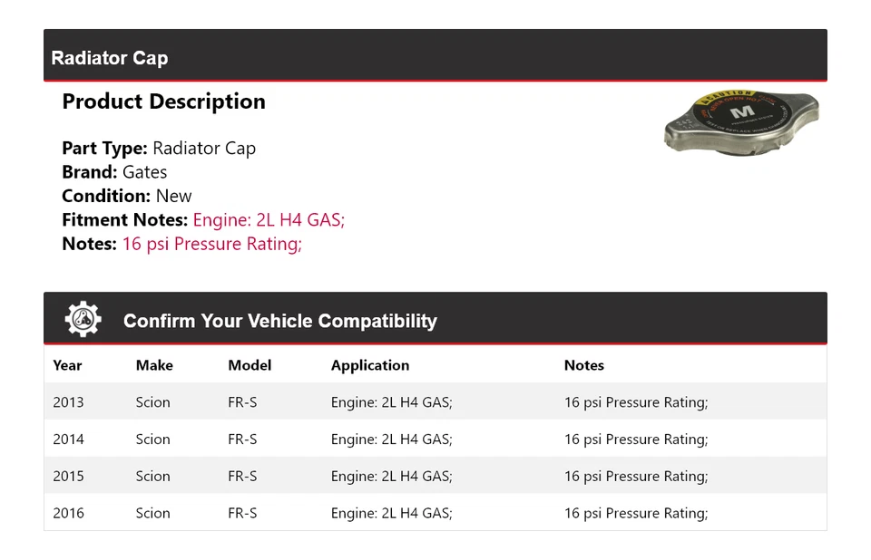 Para 2013-2016 Scion FR-S 2L H4 GAS Tapa Radiador Puertas 2014 2015 Foto 2 de 4