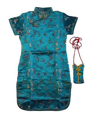 Girls Satin Butterfly Chinese Dress Black Pink Red Turquoise Blue