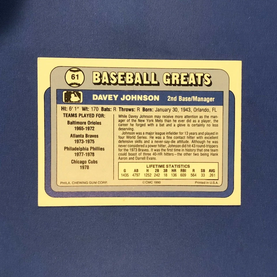 DAVEY JOHNSON 1990 SWELL AUTOGRAPHED HAND SIGNED BASEBALL CARD #61 - Image 2 of 2