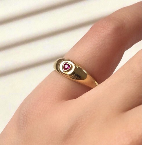 Dainty Ruby Heart CZ Stone Signet Ring | 18K Gold Sterling Silver | Size8 - Picture 4 of 10