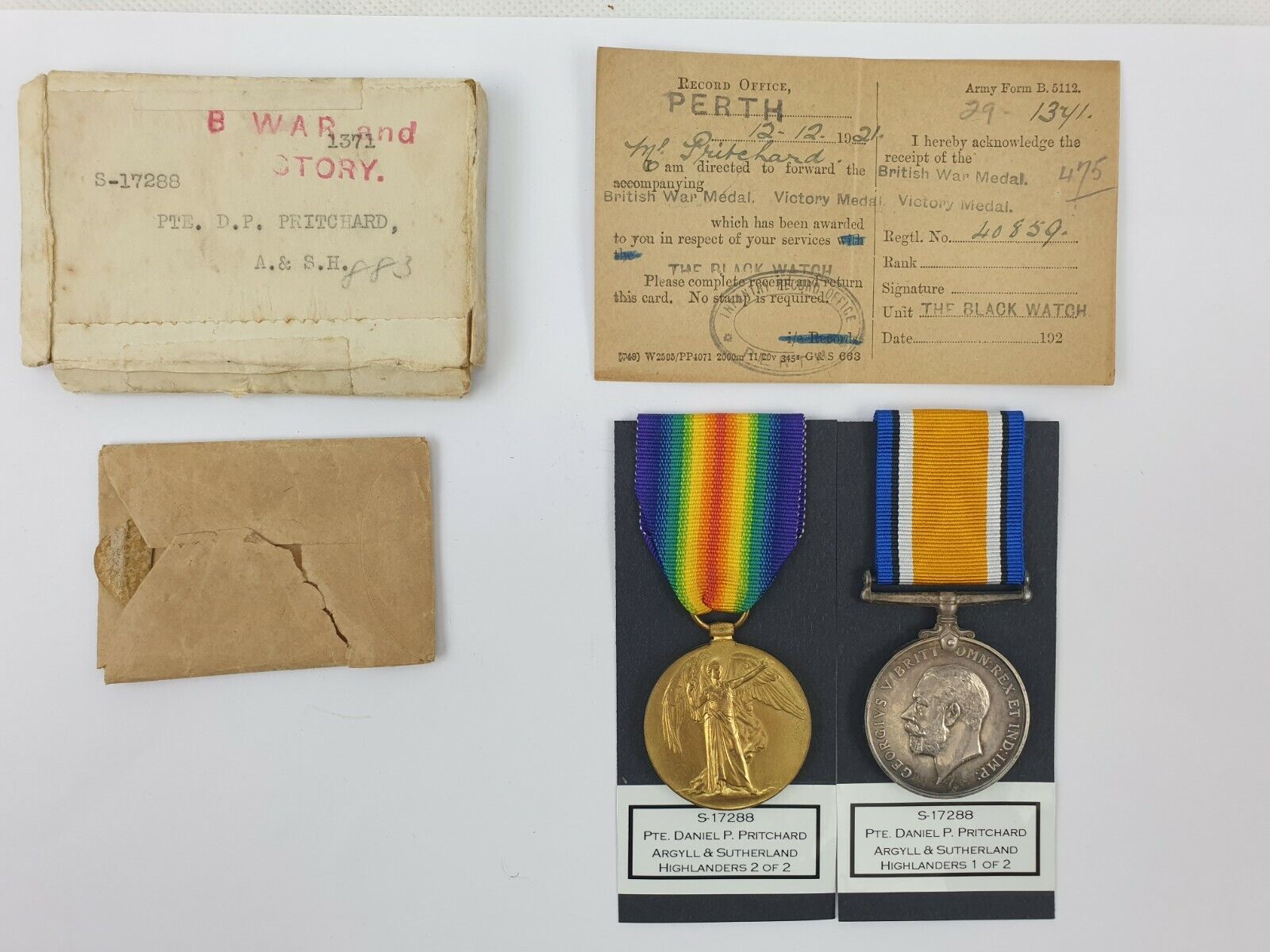 WW1 Medal Duo and Box to S-17288 Pte. Daniel P Pritchard Argyll & Sutherland Hig