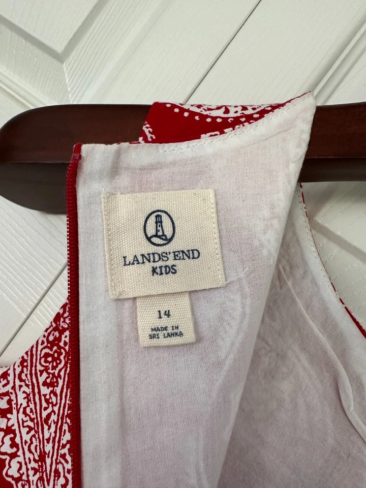 Usado en Excelente Condición Lands' End Niñas 14 Vestido Tejido "Vestido" Sin Mangas Rojo Blanco y Azul Paisley Foto 3 de 4