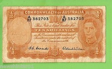 1952 TYPE  COOMBS / WILSON  AUSTRALIAN  TEN SHILLING  BANKNOTE  #A87 382703