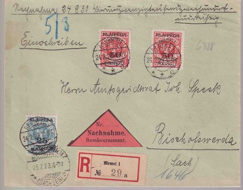 MEMEL; Mi. 125,126(2), R-NN-Memel 24.2.23, rs.DR 227,230 Bischofswerda