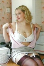 Color Real Photo- Super Endowed Semi Nude Blond Woman- Bra- Up Skirt- Stockings